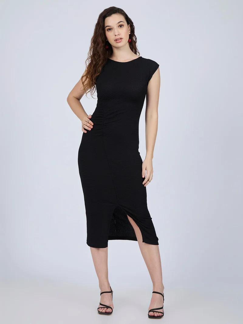 Black Textured Knit Midi Dress